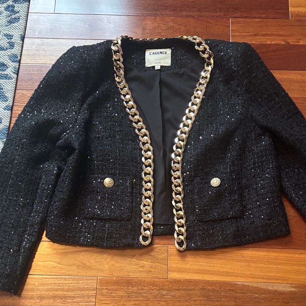 L'AGENCE Black Blazer with Gold Chain Detail